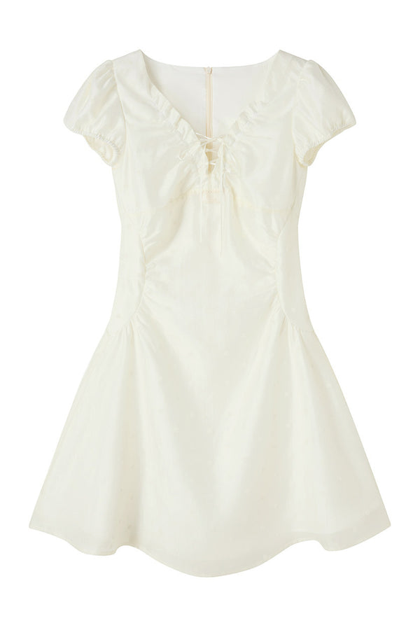 White Ruched V-Neck Short Dress