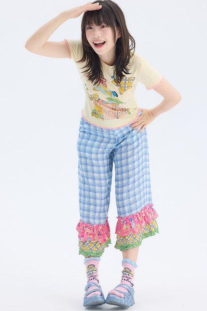 Pantalon court en dentelle à carreaux bleus avec empiècements