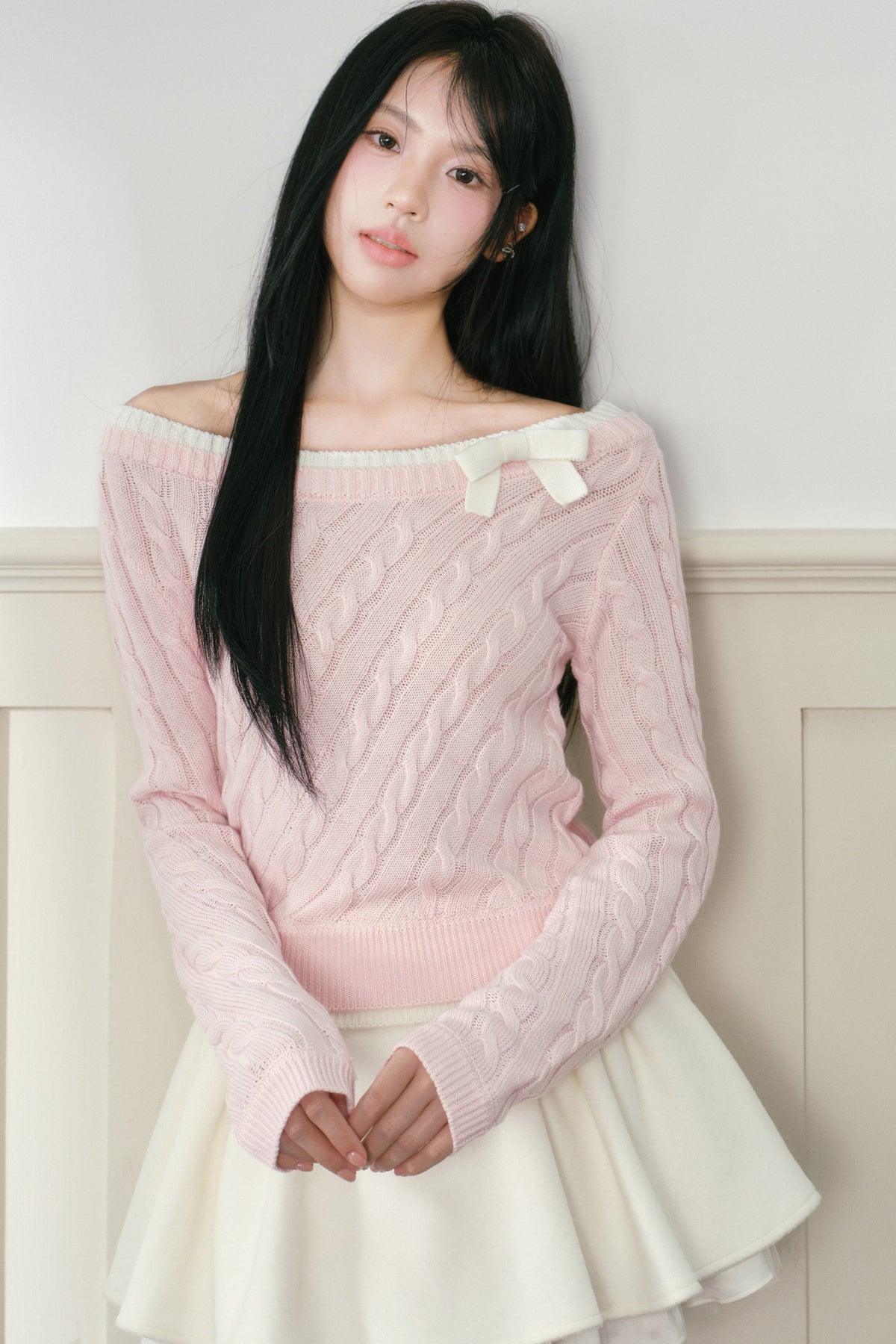 Pink Bow Cable-Knit Off-Shoulder Sweater