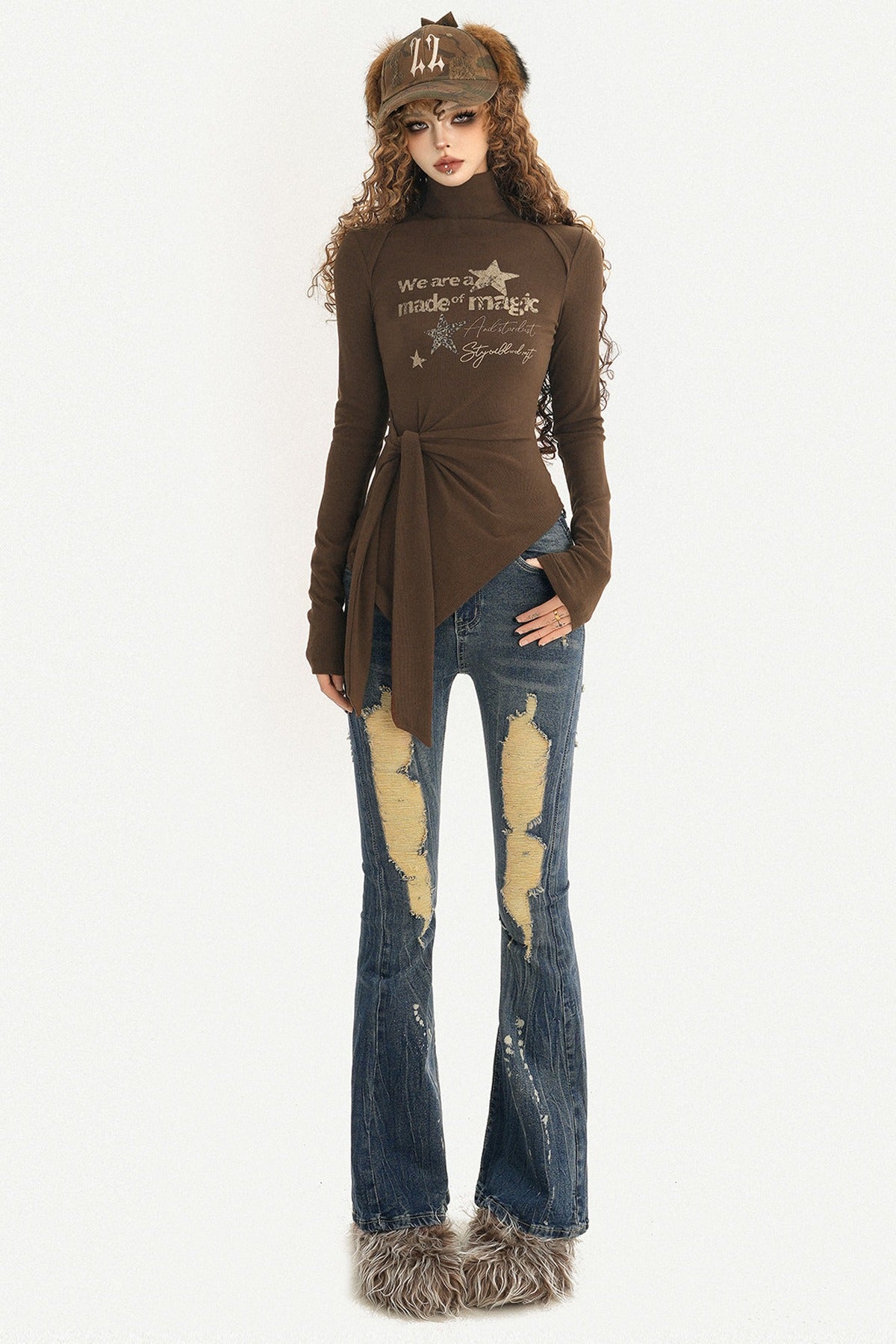 Letter Print Tie Waist Long Sleeve T-shirt