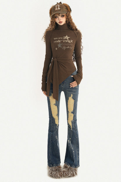 Letter Print Tie Waist Long Sleeve T-shirt