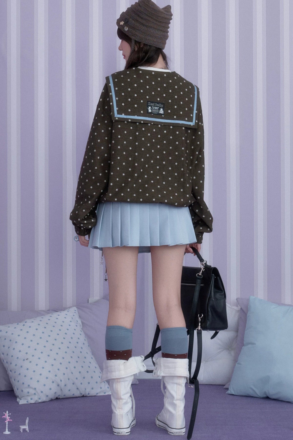 Brown Blue Swirl Star Navy Collar Jacket Set-Up