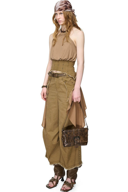 Washed Khaki Patchwork Halter Corset