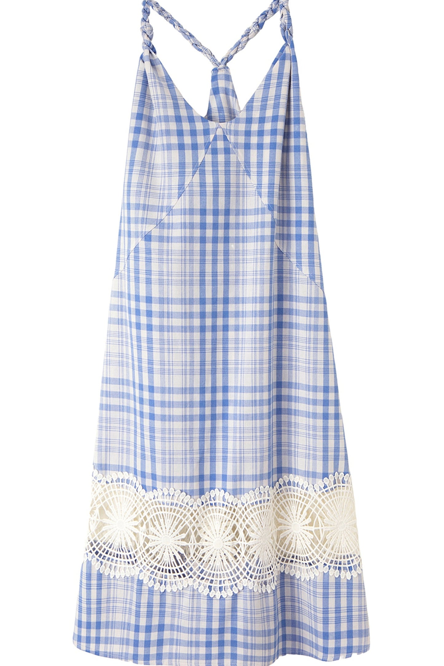 Blue White Plaid Lace Slip Dress