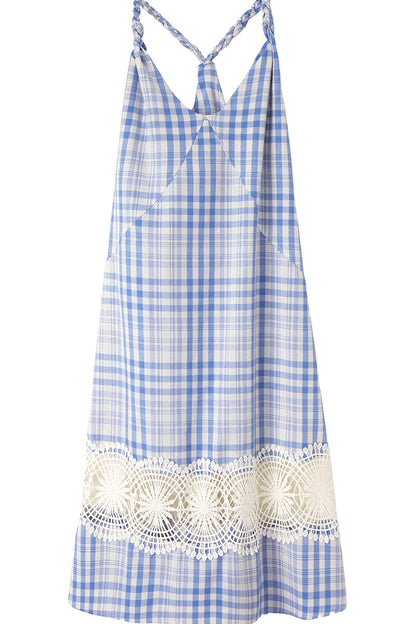 Blue White Plaid Lace Slip Dress