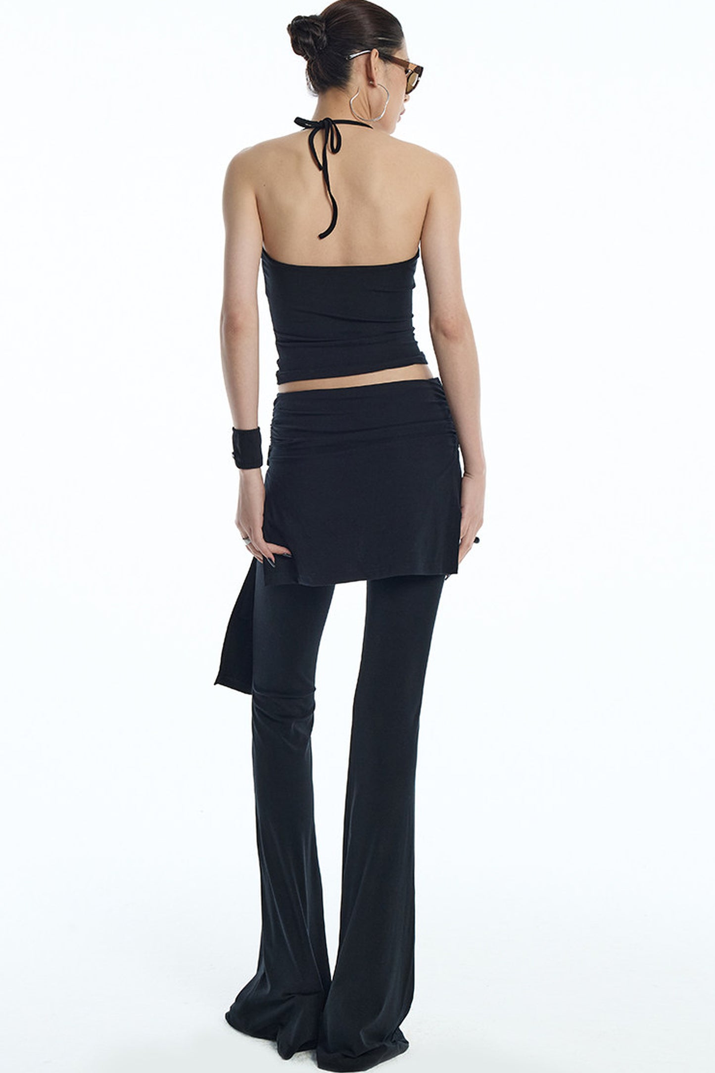 Black Mesh Halter Top And Flared Yoga Pants Set-Up