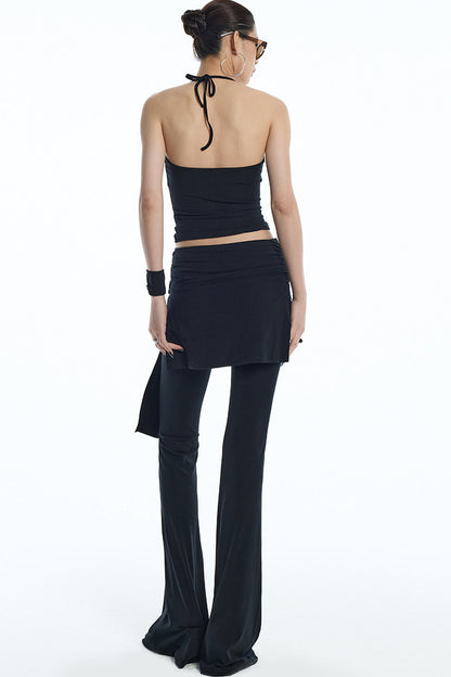 Black Mesh Halter Top And Flared Yoga Pants Set-Up