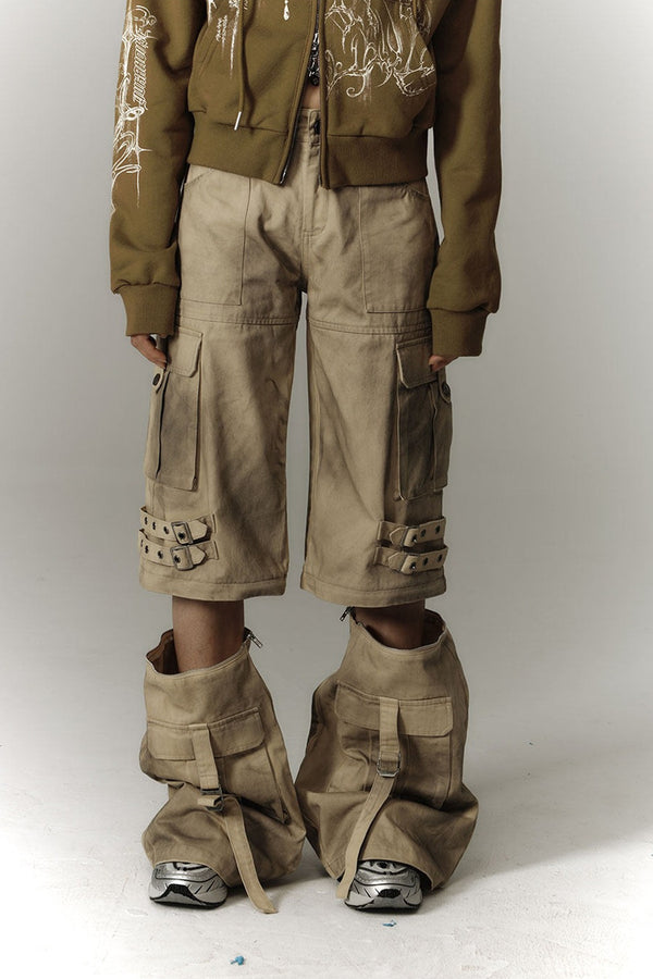 Detachable Washed Workwear Wide-Leg Pants
