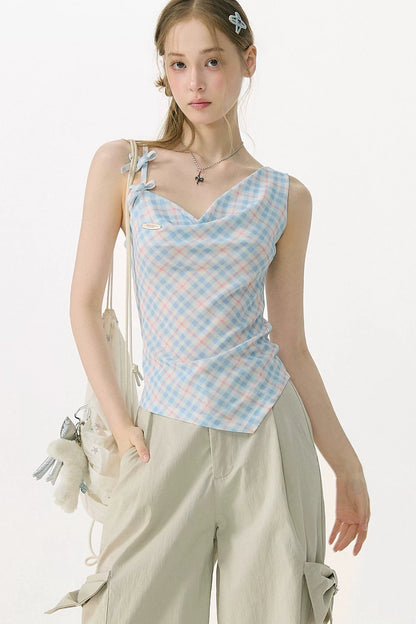 Sweetness Blue Plaid Bowknot Tank