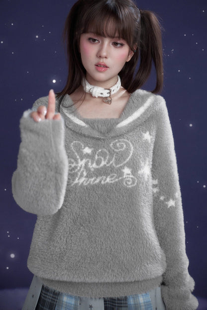 Gray Faux Mink Fur Sailor Collar Sweater