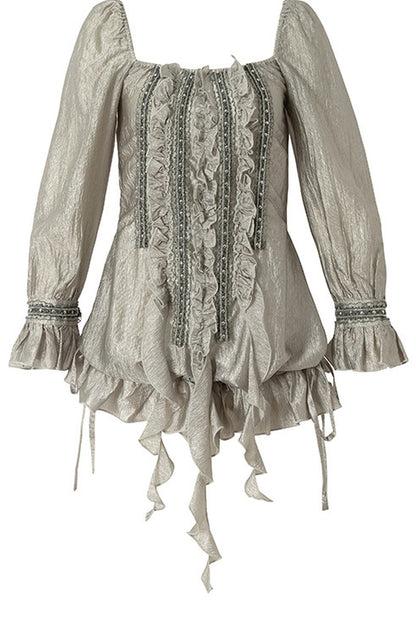 Ruffle Ribbon Puff Sleeve Blouse