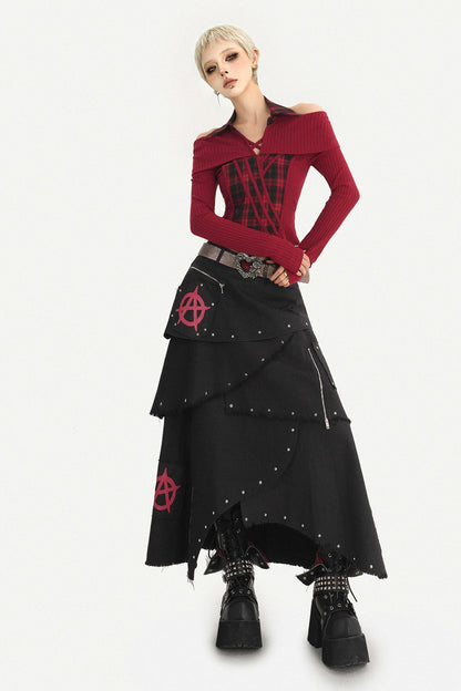 Black Punk Rivet Asymmetrical Skirt