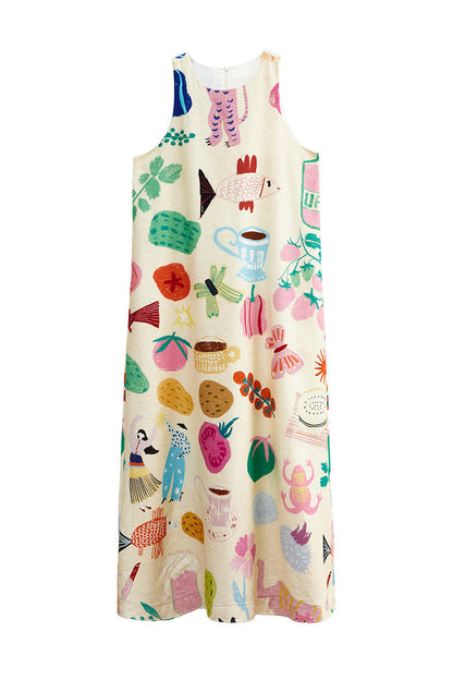 Hand-Painted Fruit Vegetable Print Sleeveless Vest Dress