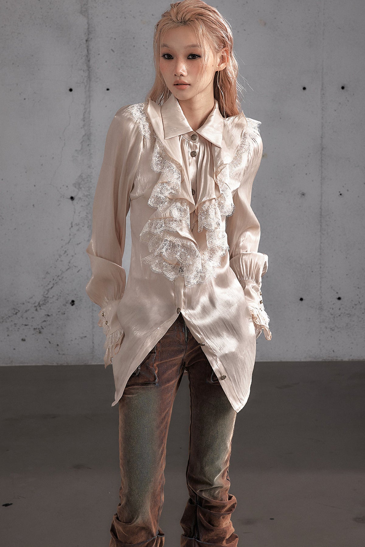 Ruffled Lace Patchwork Satin Blouse