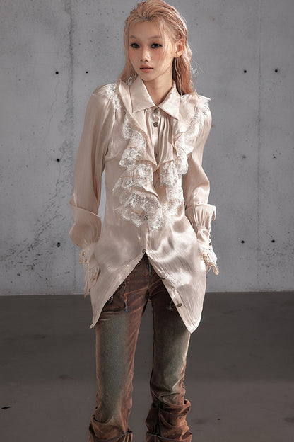 Ruffled Lace Patchwork Satin Blouse
