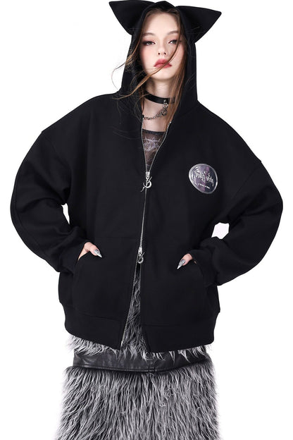 Cat Ear Double Zipper Hooded Jacket