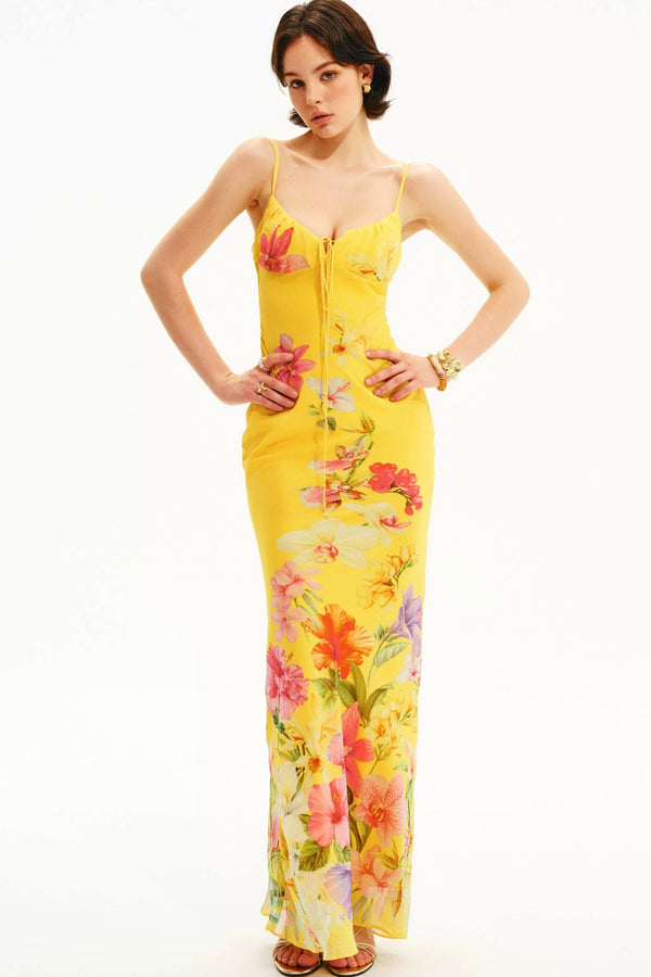 Tropical Floral Hand-Painted V-Neck Slip Dress