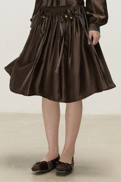 Botanical Lyocell V-Neck Ribbon Blouse And Skirt Set-Up