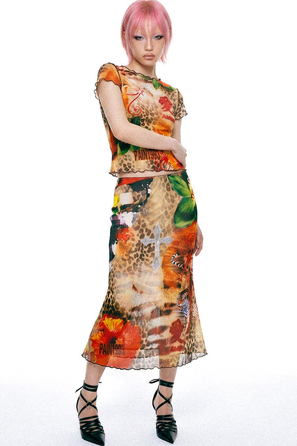Leopard Print Mesh Fishtail Skirt Set-Up