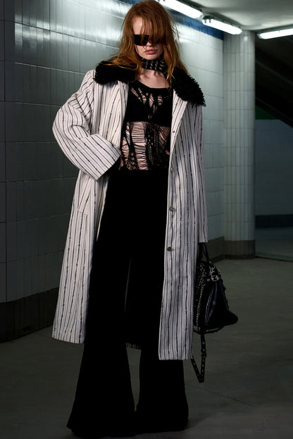 Patchwork Stripe Fur Collar Coat