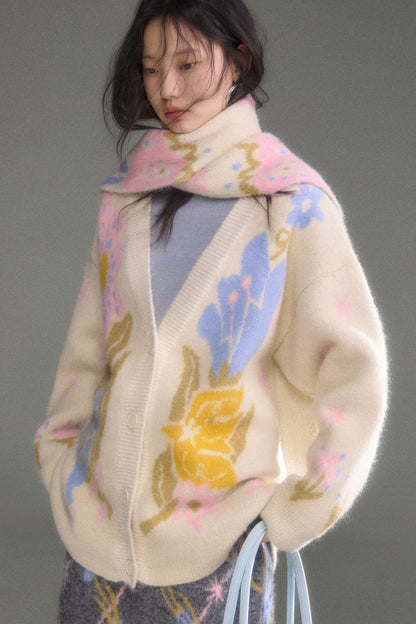 Ear-Flap Bird Tulip Jacquard Wool Cardigan