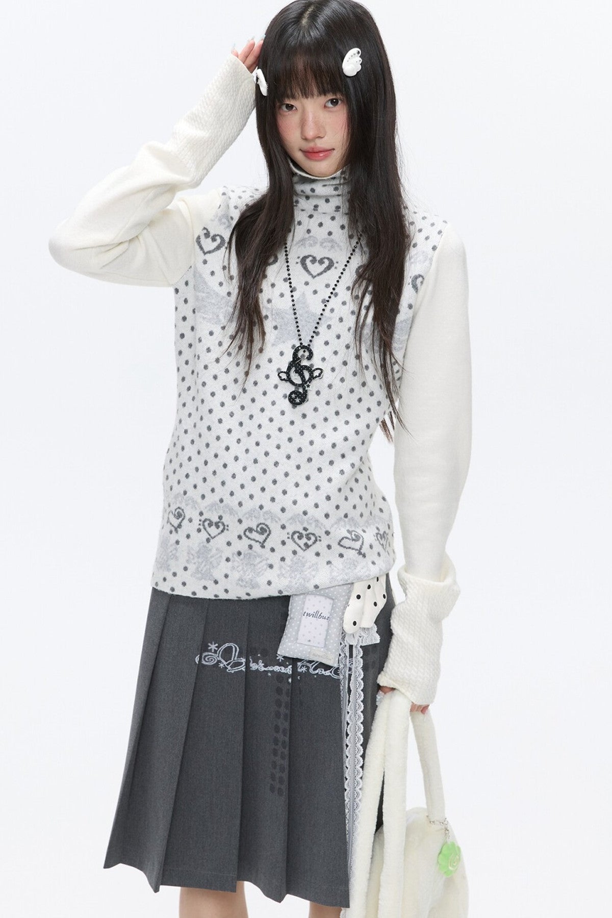 High-Neck Polka Dot Jacquard Sweater