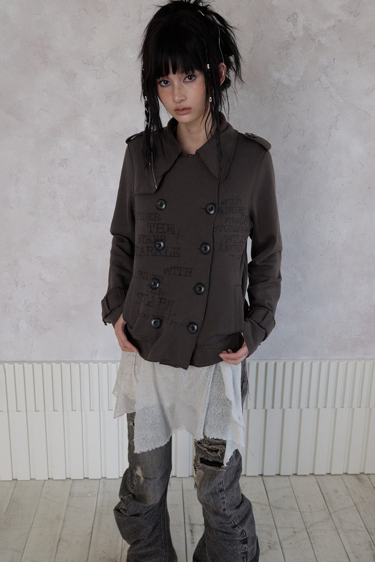 Trench Style Printed Unhemmed Double-Breasted Jacket