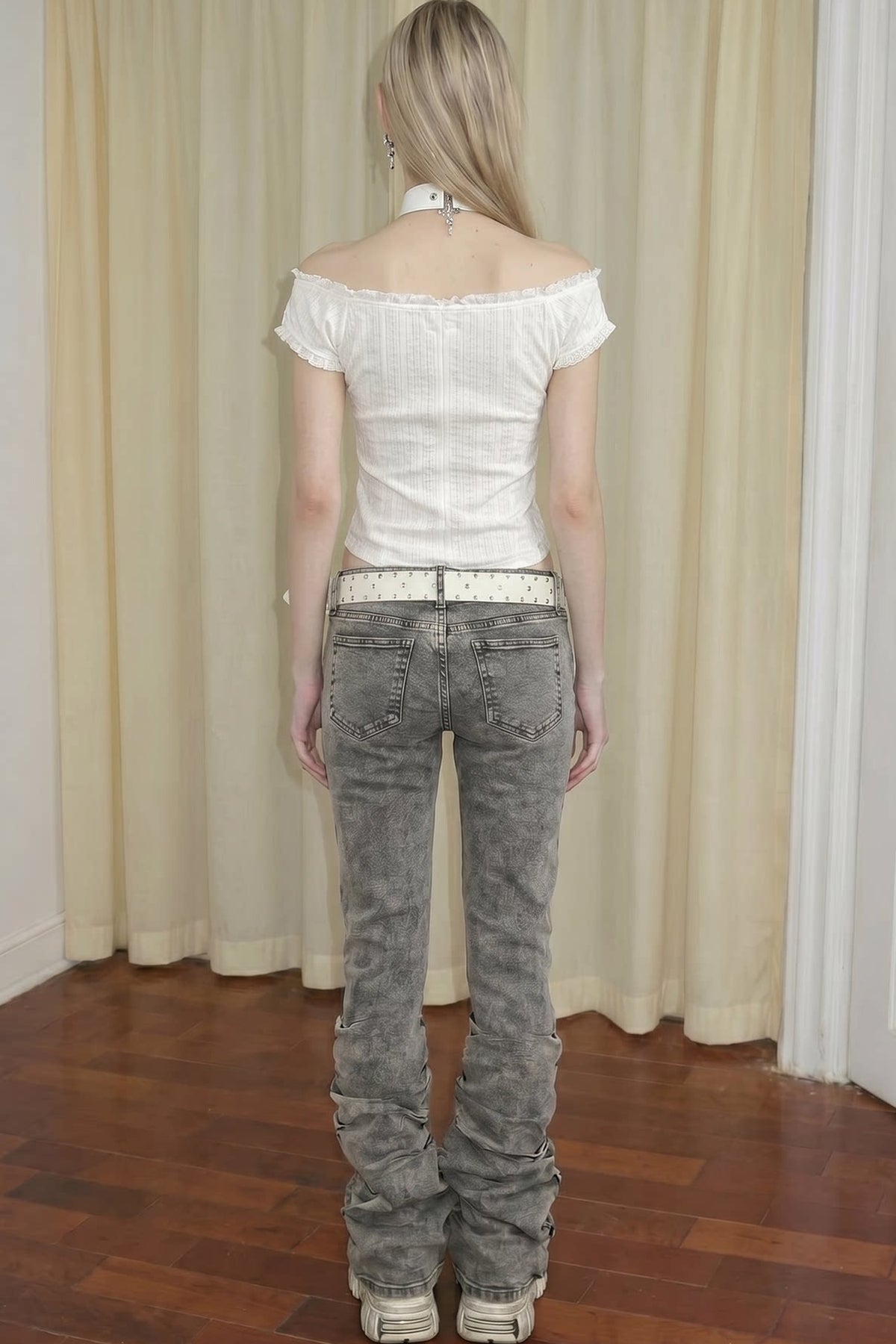 Low-Waisted Flared Pleated Denim Jeans