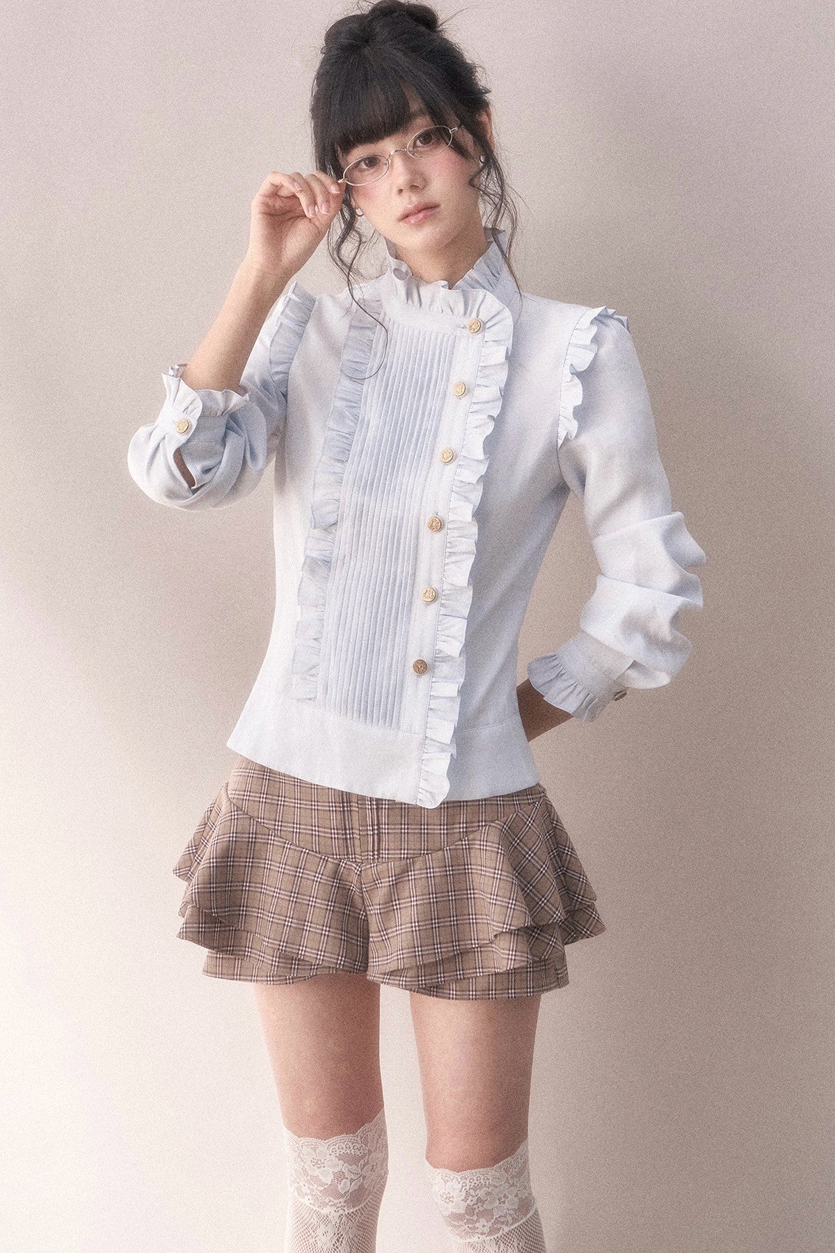 Pleated Lace Ruffle Asymmetrical Long-Sleeved Shirt