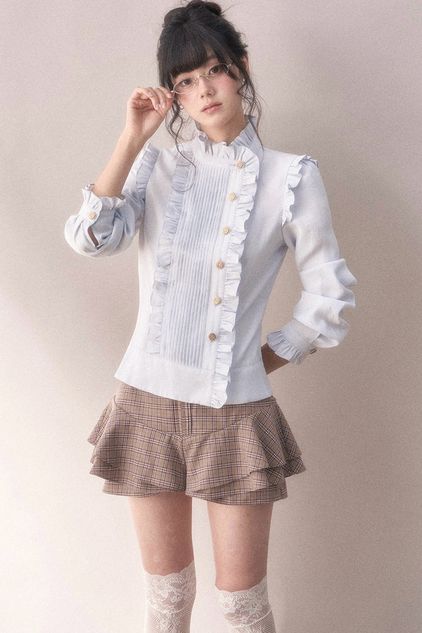 Pleated Lace Ruffle Asymmetrical Long-Sleeved Shirt