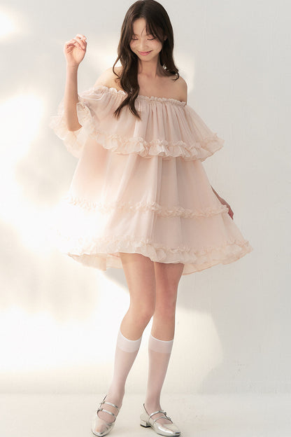 One-Shoulder Smoky Pink Tulle Lace Dress