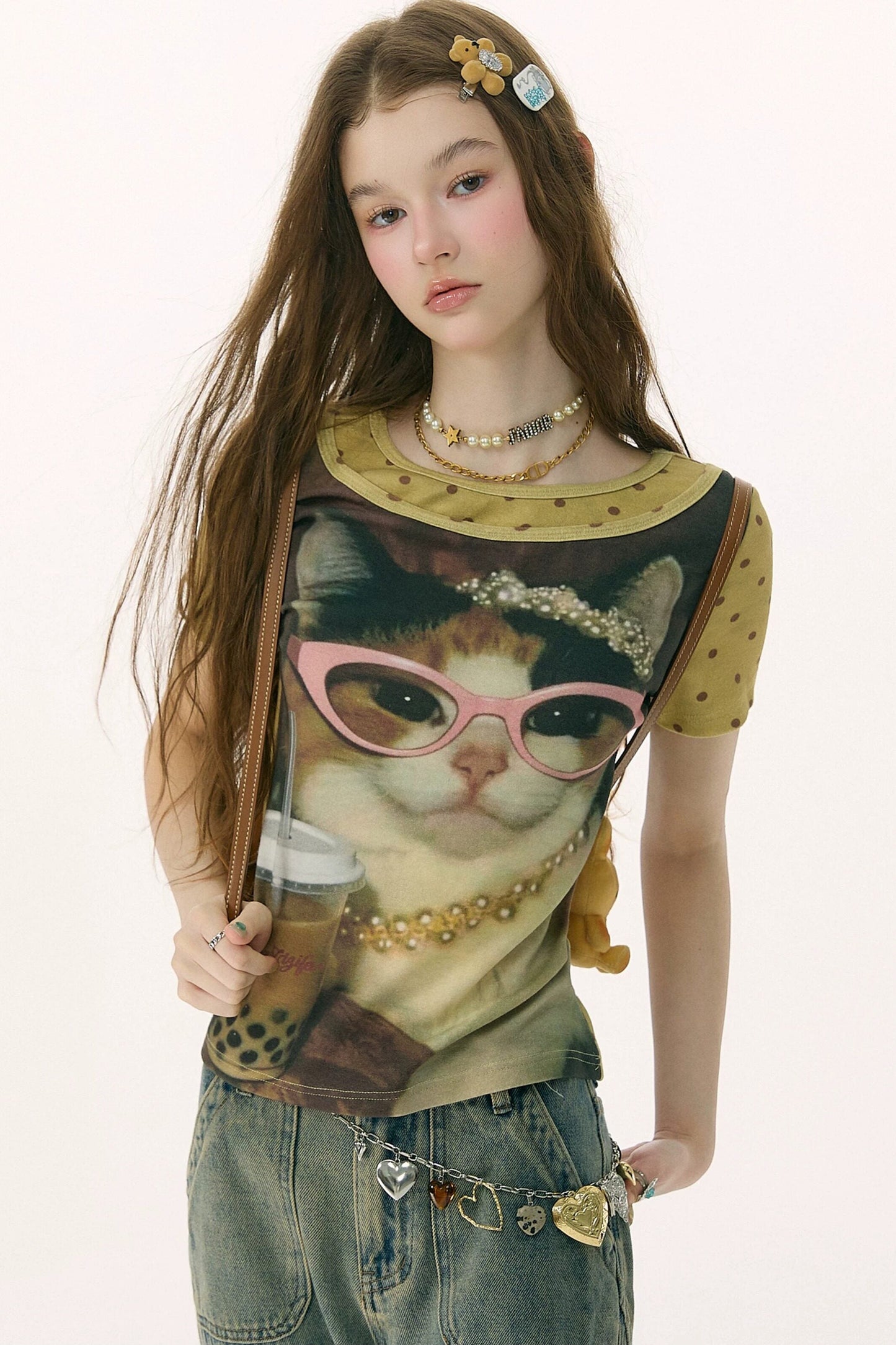 Retro Distressed Cat Print Top