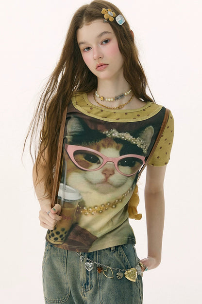 Retro Distressed Cat Print Top
