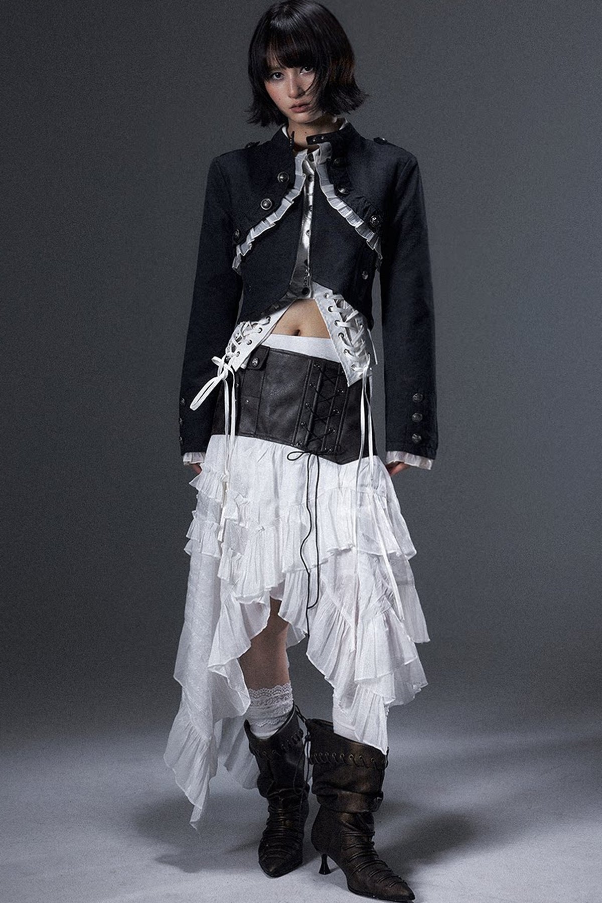 Irregular Ruffle Lace-Up Leather A-Line Skirt
