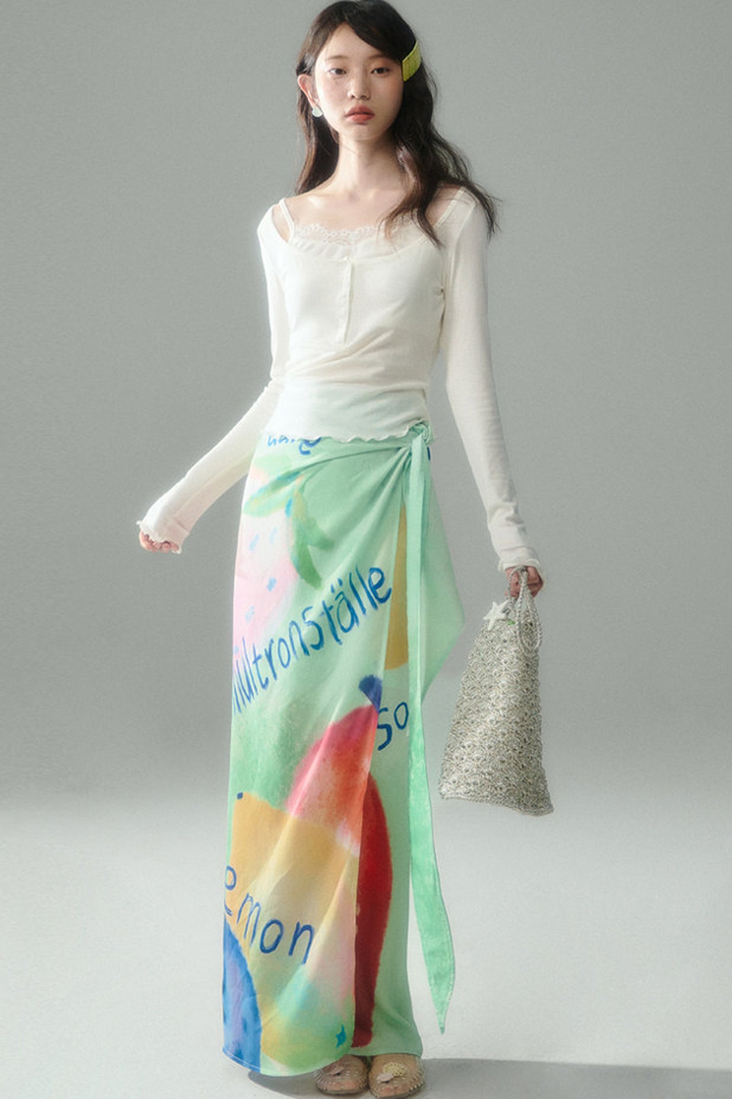 Hand-Painted Fruit Print T-Shirt and Wrap Skirt Set-Up