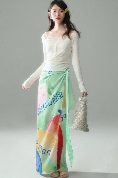 Hand-Painted Fruit Print T-Shirt and Wrap Skirt Set-Up