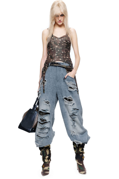 Handmade Distressed Patchwork Lining Denim Jeans