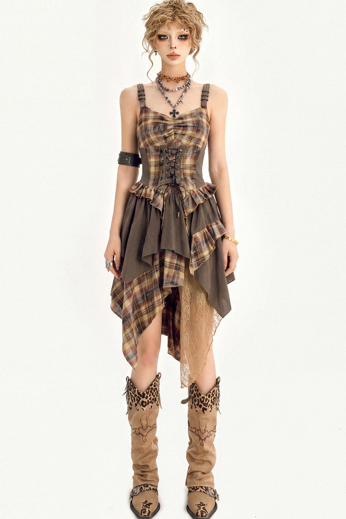 Plaid Tie Waist Irregular Dress