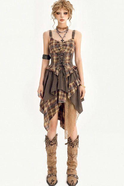 Plaid Tie Waist Irregular Dress