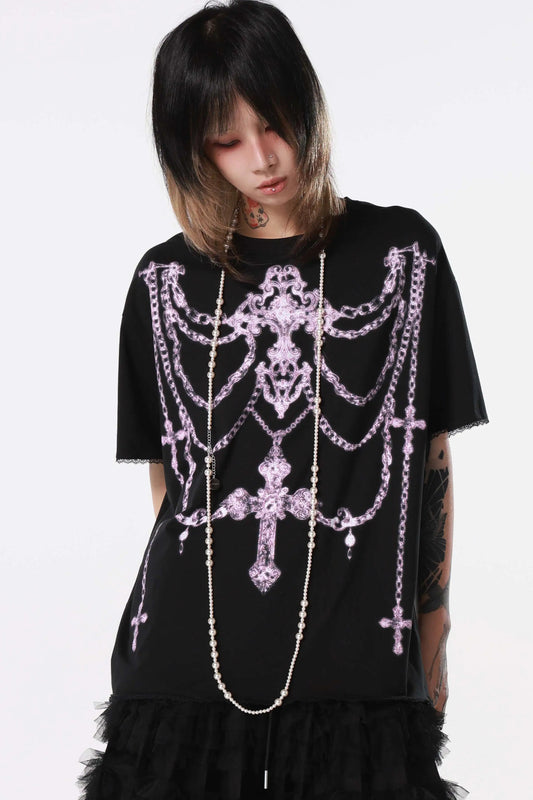 Gothic Cross Chain Rib Cage Lace T-Shirt