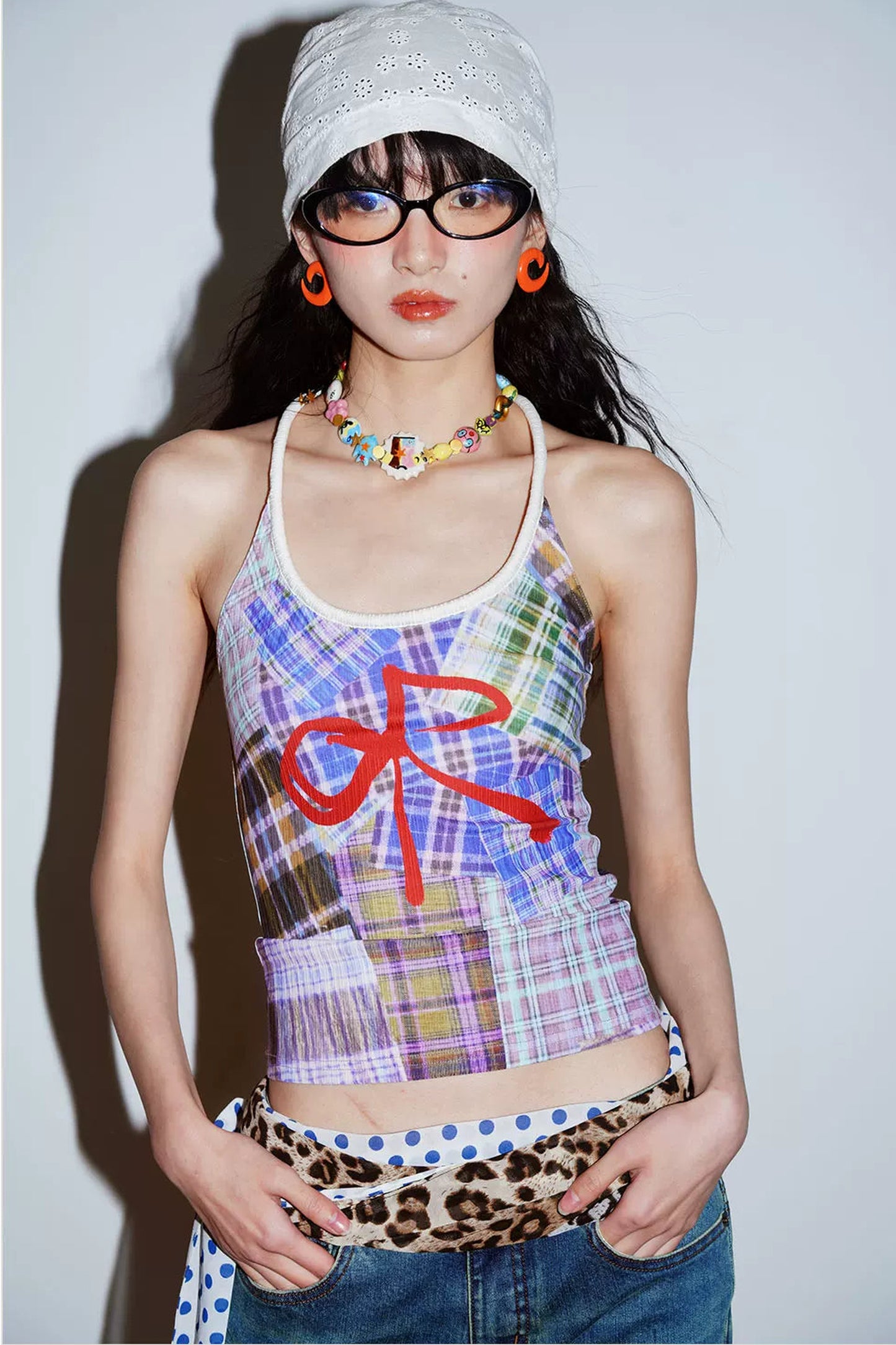 Color-Block Plaid Bow Camisole