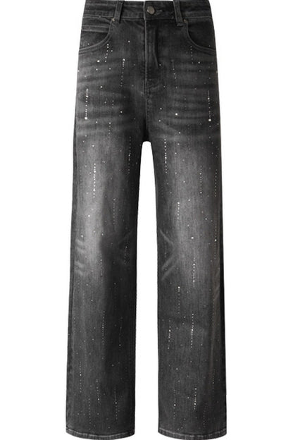 Scattered Rhinestone Wide-Leg Jeans