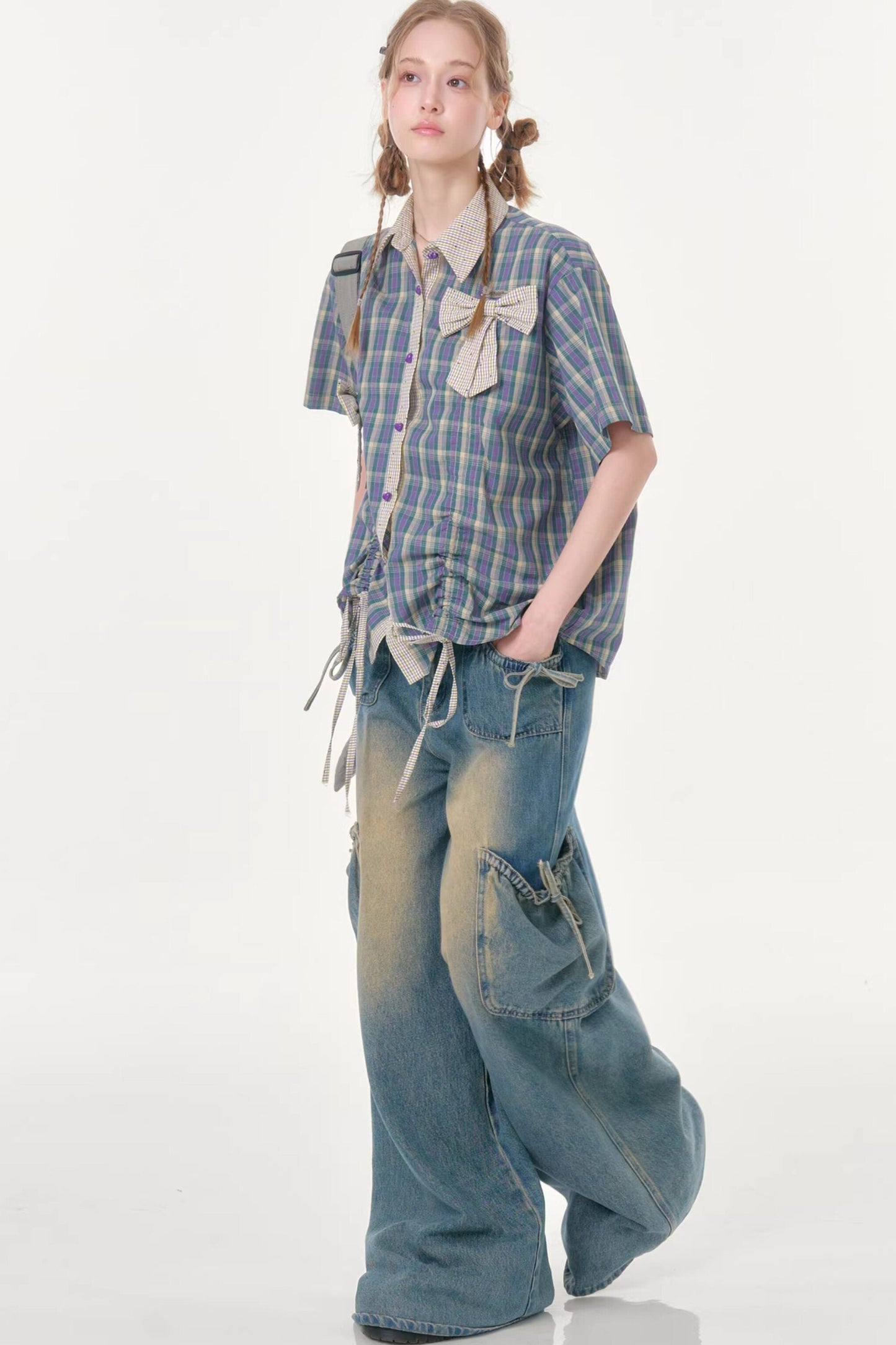 Purple Green Plaid Bow Drawstring Shirt