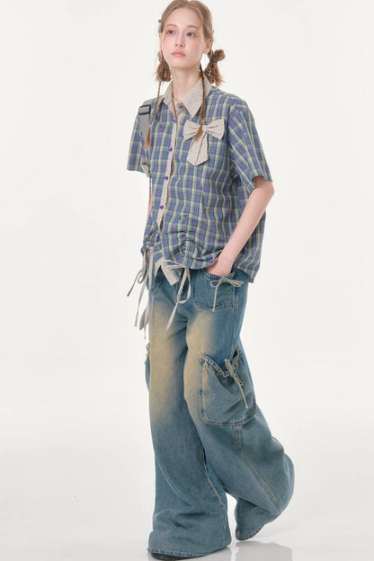 Purple Green Plaid Bow Drawstring Shirt