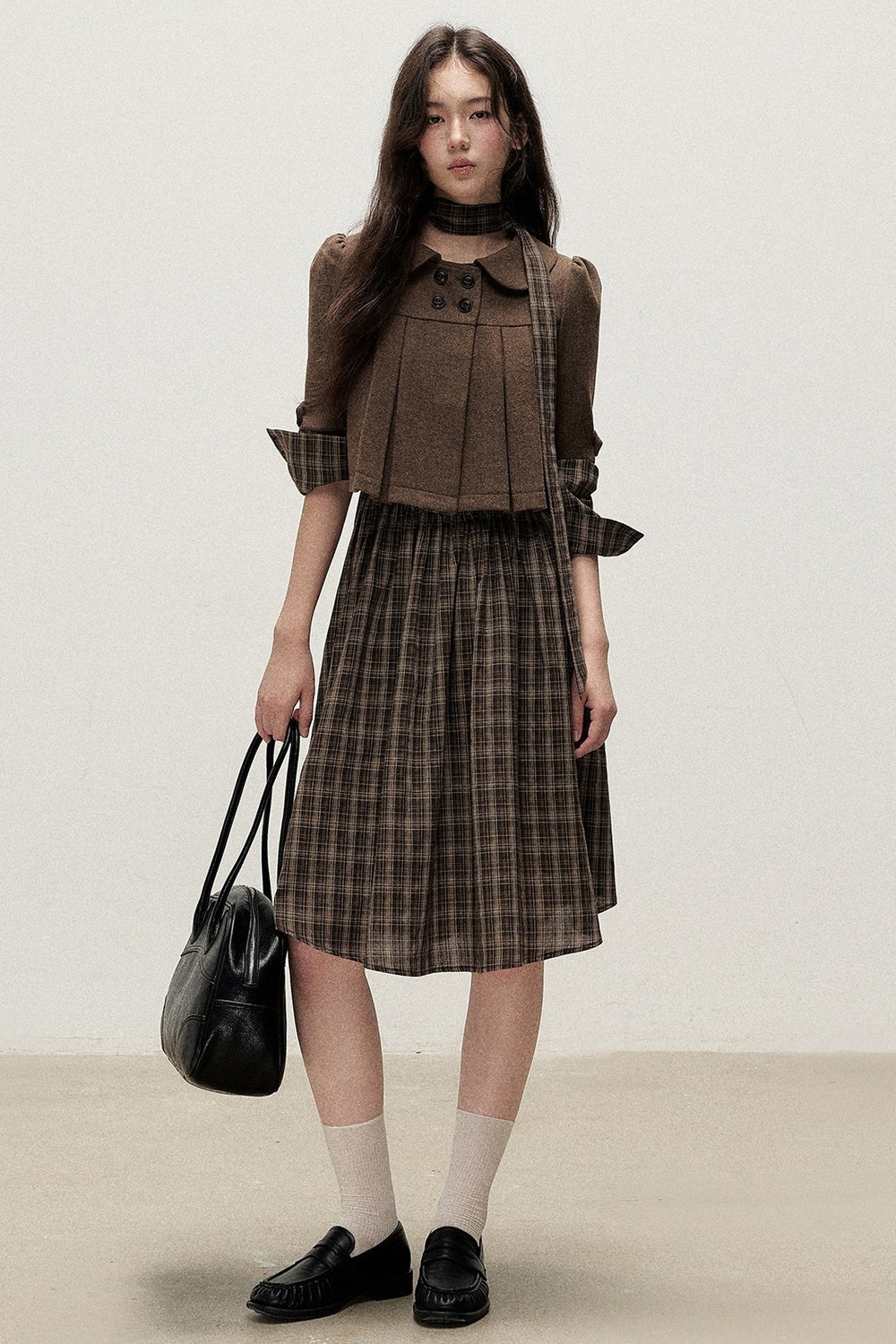 Plaid Diagonal Placket Ribbon Dress