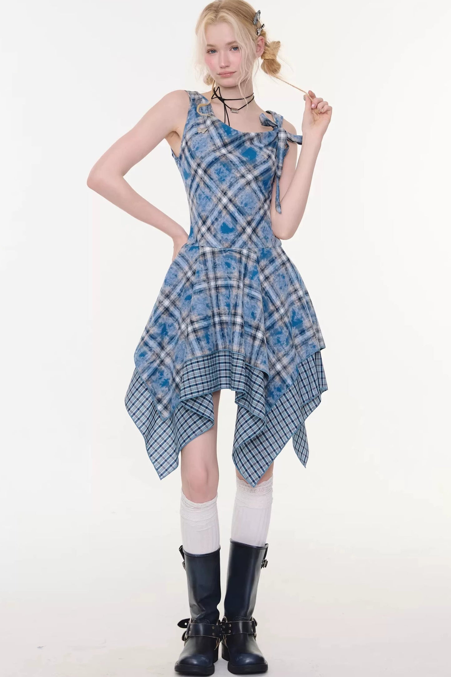 Irregular Blue Plaid Camisole Dress