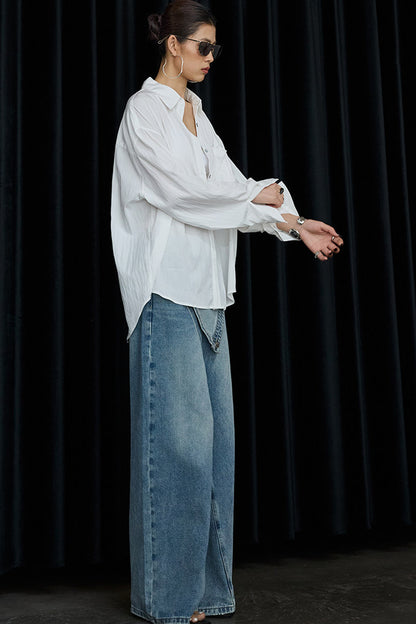 Asymmetrical Deconstructed Denim Wide-Leg Pants