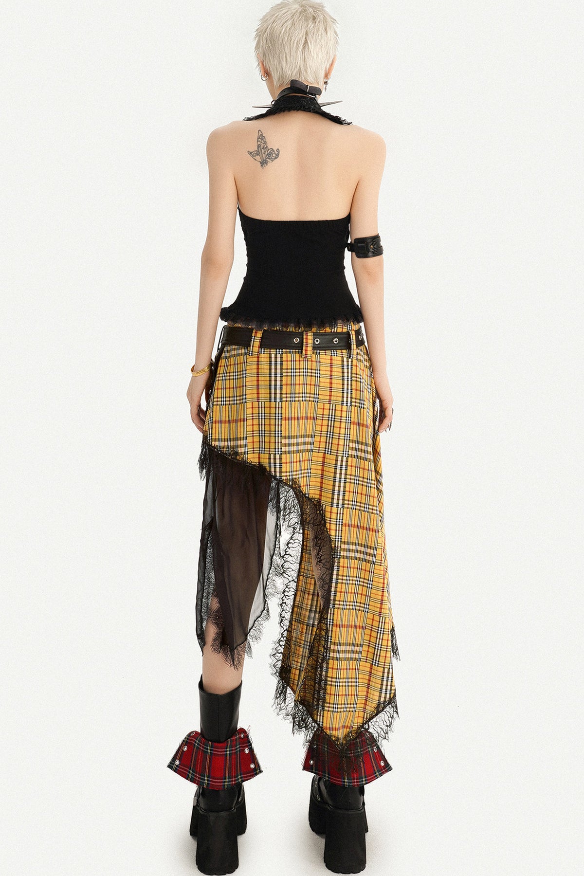 Punk Skull Print Top and Plaid Skirt Set-Up