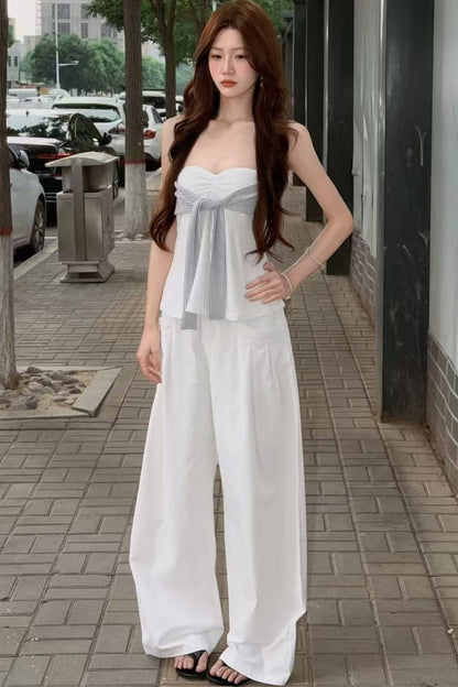 Striped Tube Top & Straight Wide-Leg Pants Set-Up