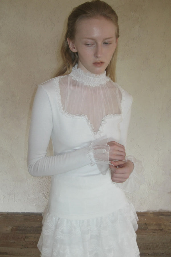 Mesh Ruffle Sleeve Knit Top